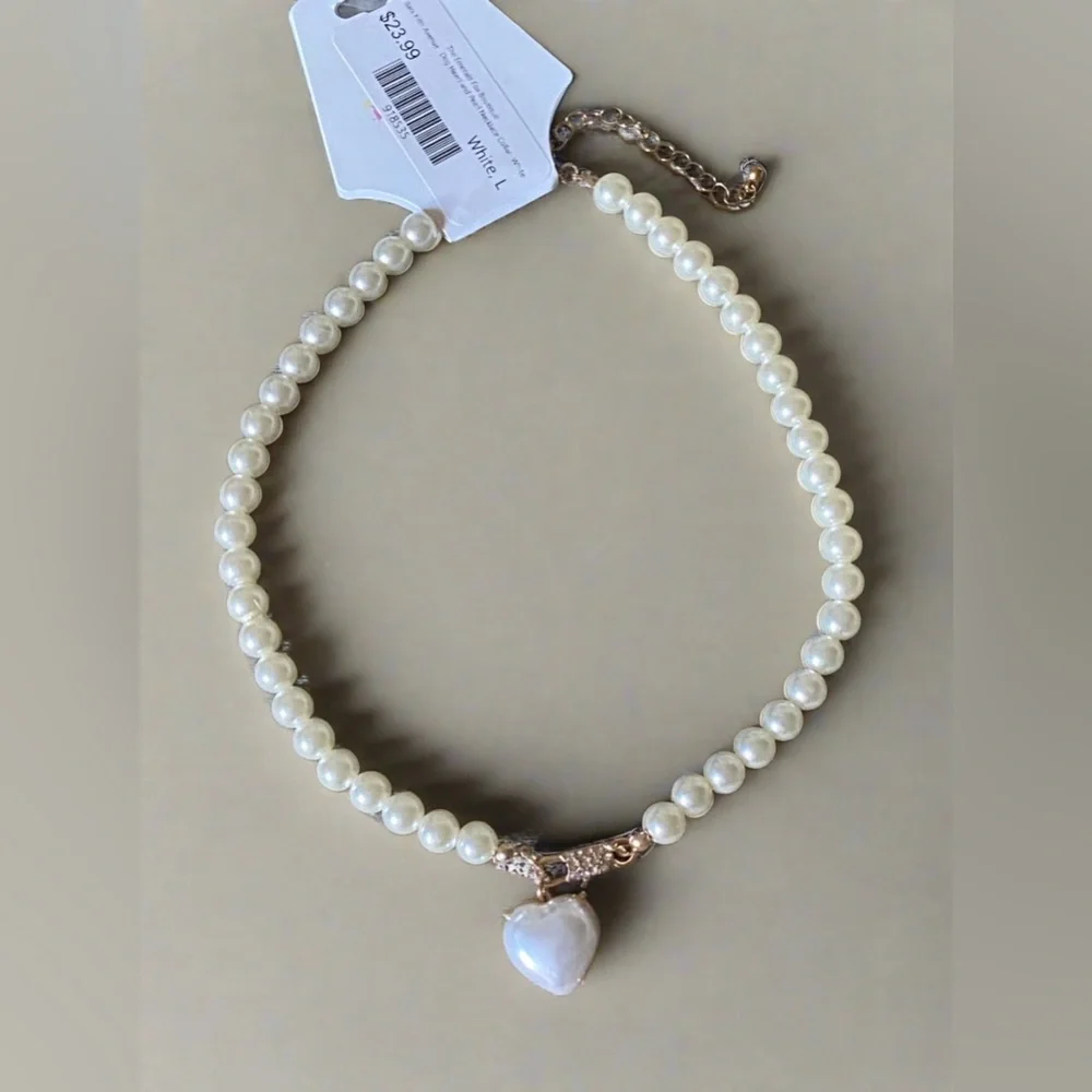Bark Fifth Avenue – Heart & Pearl Pet Necklace Rhinestone Clasp Size Large